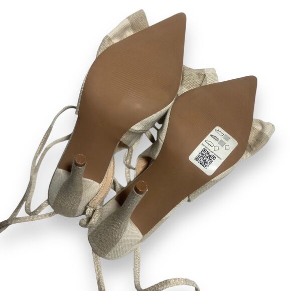 ASOS Women Linen Lace Up High Heels Shoes Size US 6 UK 4 Grayish Beige Bow Front - Picture 11 of 11